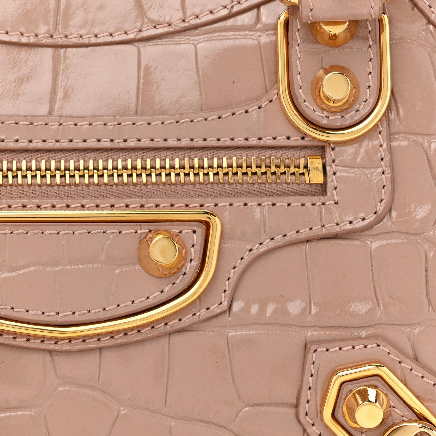 Balenciaga Shiny Supple Calfskin Crocodile Embossed Gold Metallic Edge Hardware Mini City Nude Beige 9 of 15