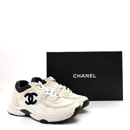 Chanel Mesh Suede Calfskin Grained Calfskin Womens CC Sneakers 39.5 White Black 9 of 9
