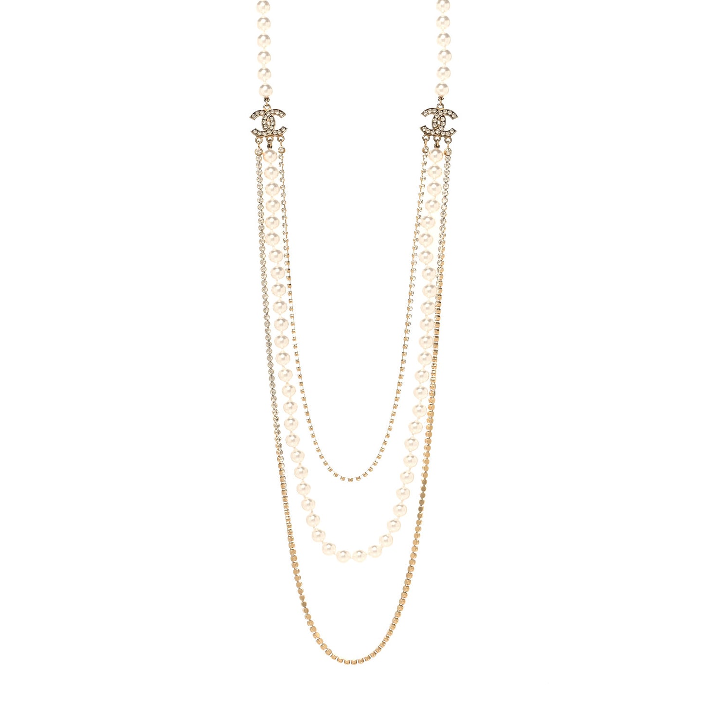 Pearl Crystal Multi Strand CC Long Necklace Gold