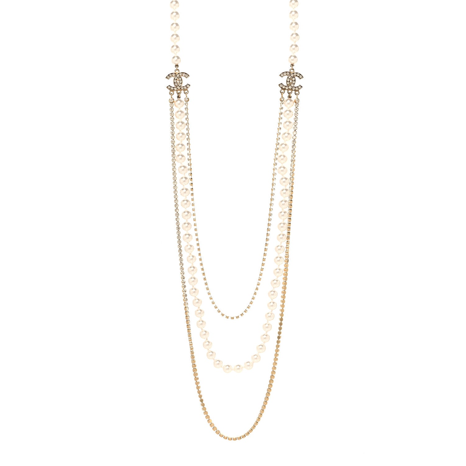 Chanel Pearl Crystal Multi Strand CC Long Necklace Gold 1 of 4