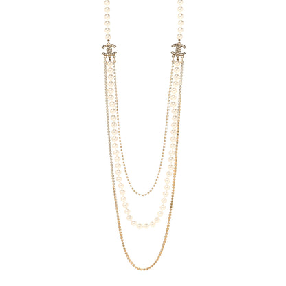 Chanel Pearl Crystal Multi Strand CC Long Necklace Gold 1 of 4
