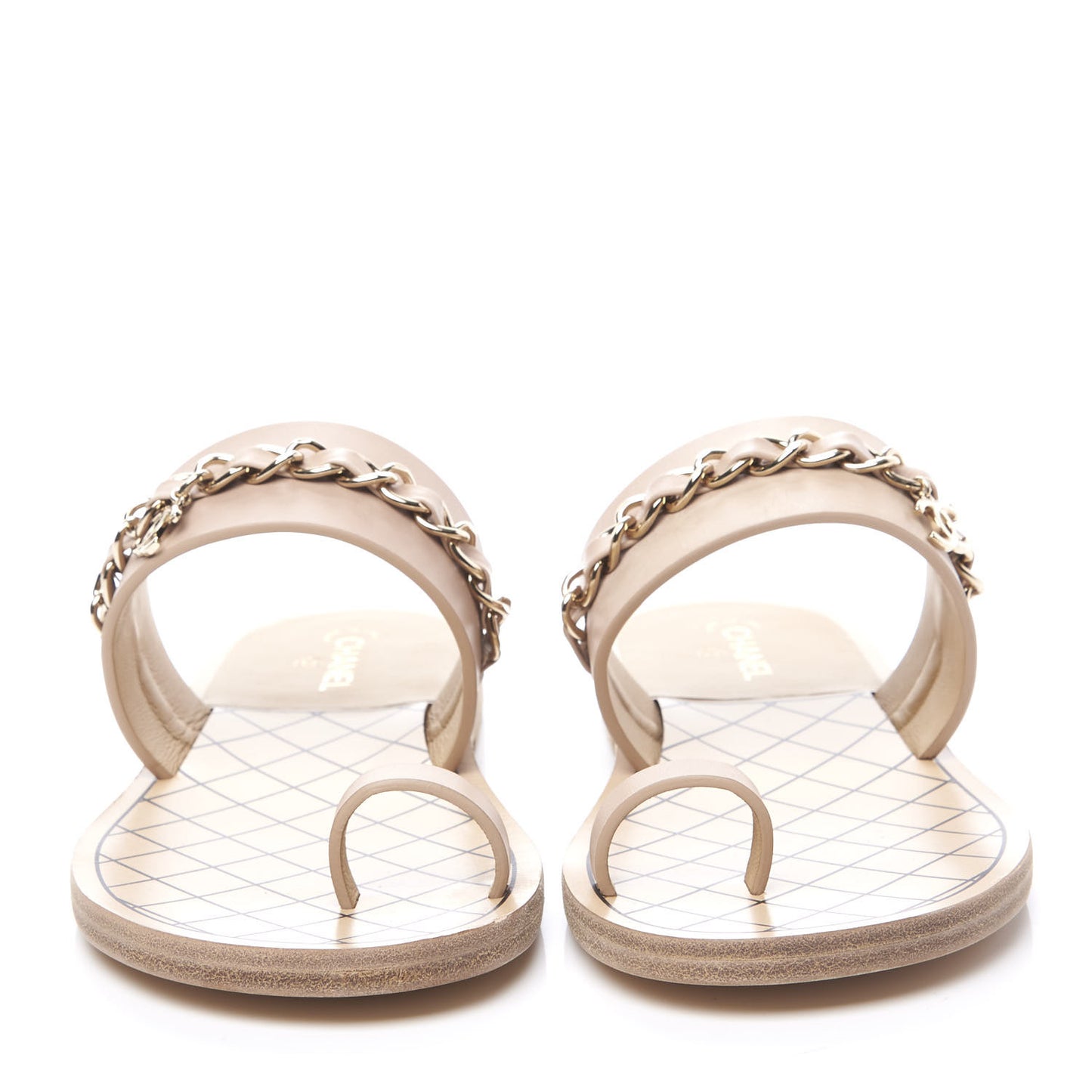Calfskin Chain CC Logo Toe Ring Sandals 37 Beige