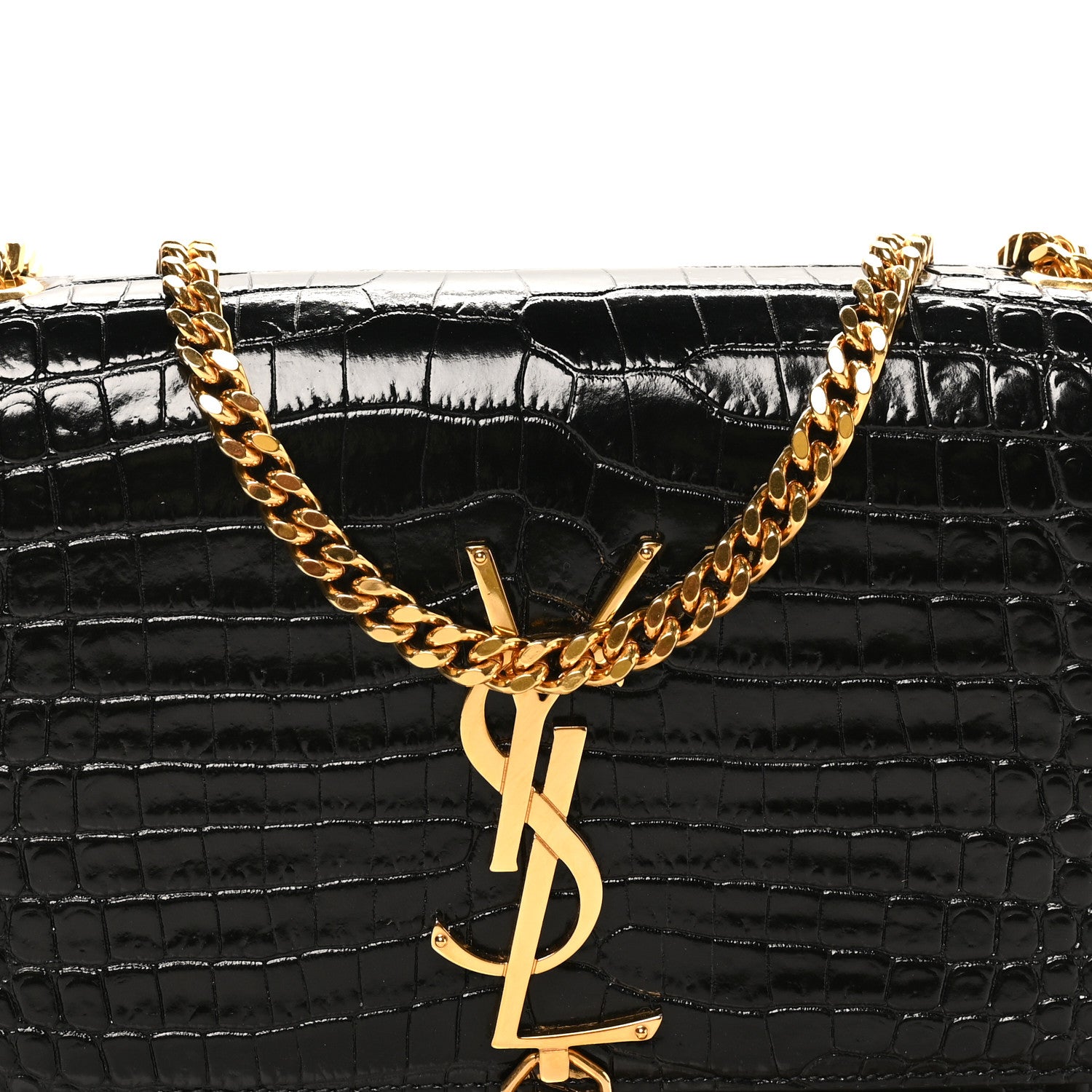 Saint Laurent Calfskin Crocodile Embossed Small Classic Monogram Kate Tassel Satchel Black 8 of 10