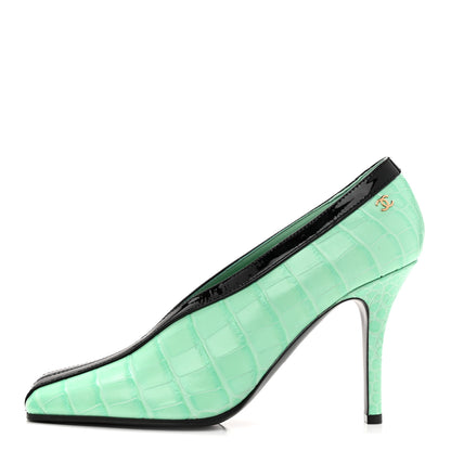 Chanel Crocodile Embossed Patent Calfskin Pumps 39 Green Black 1 of 10
