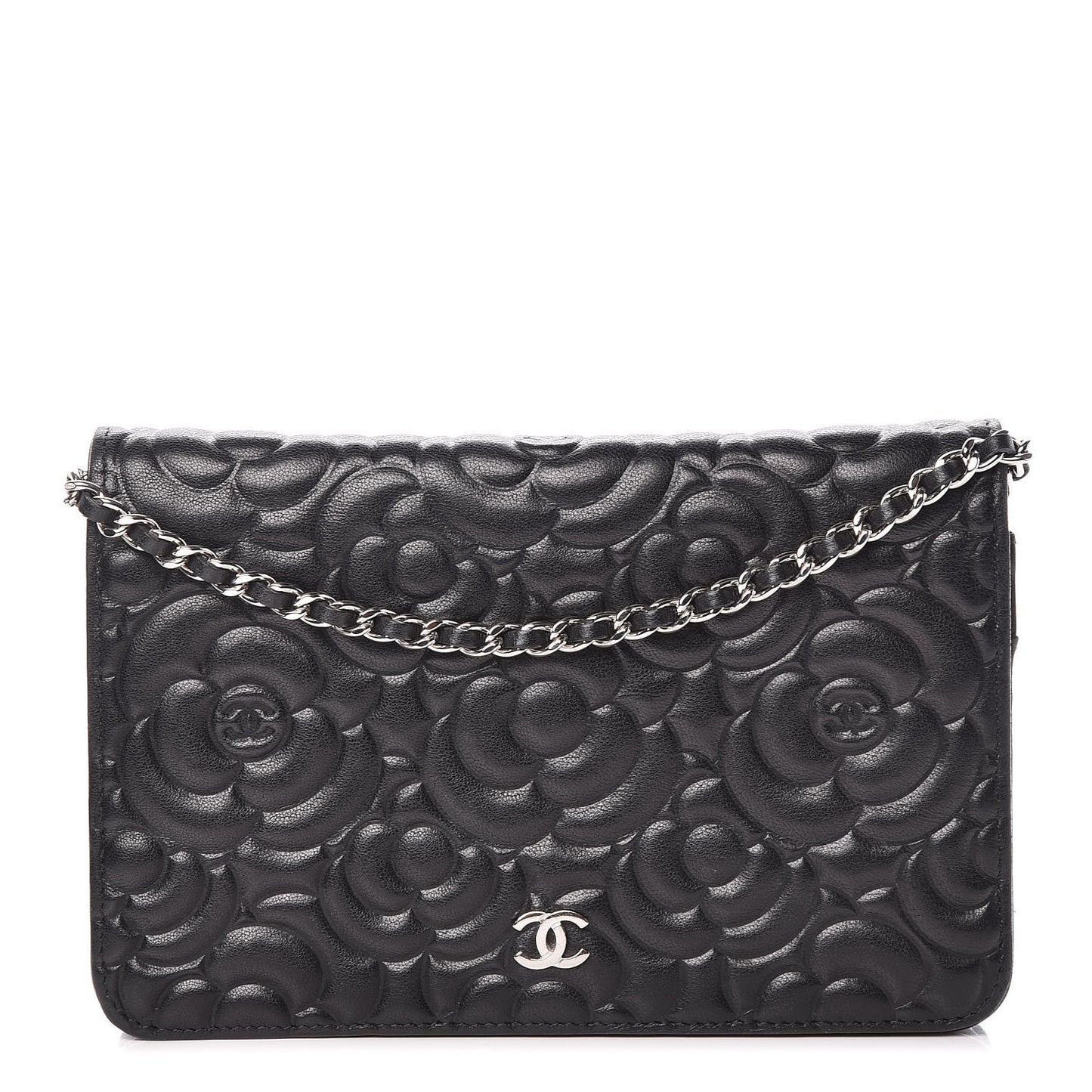 Lambskin Camellia Embossed Wallet On Chain WOC Black