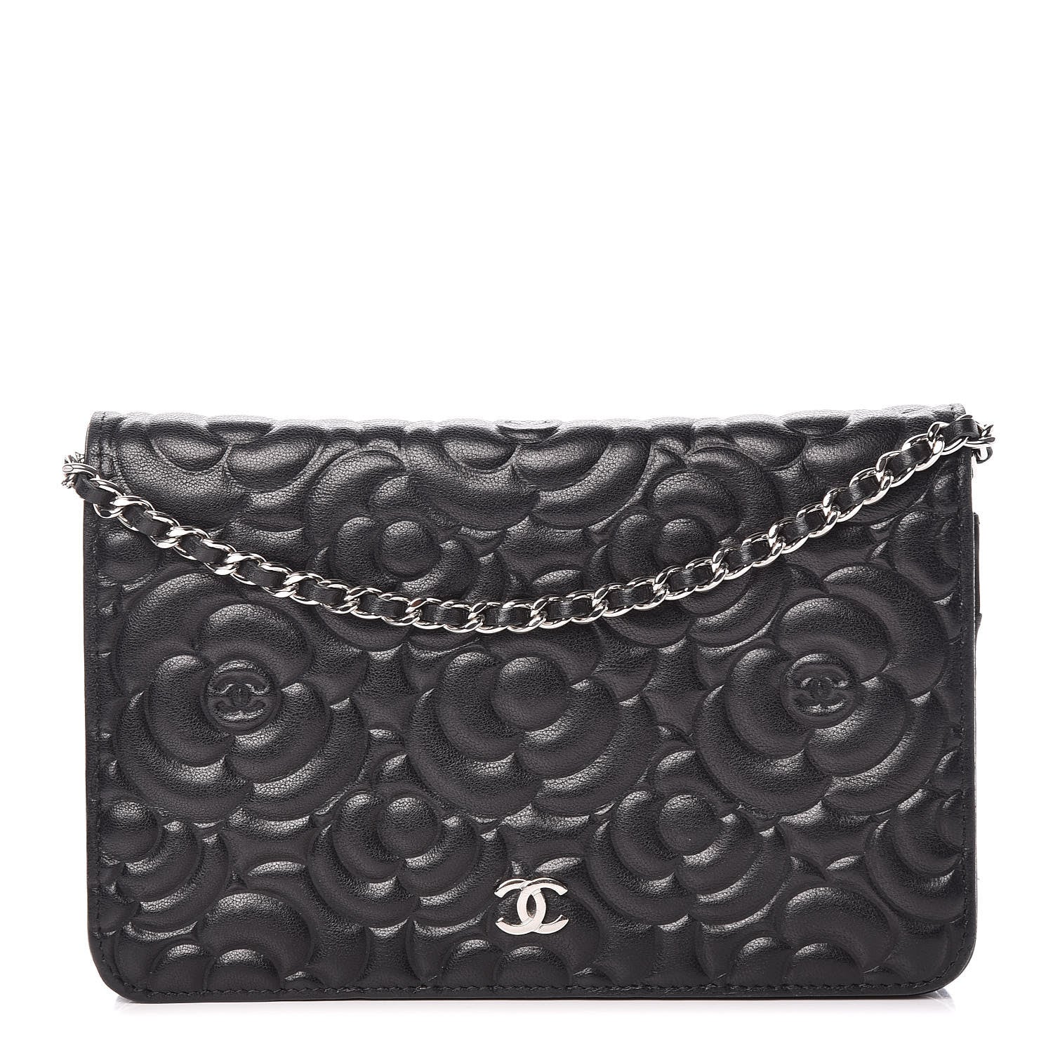 Chanel Lambskin Camellia Embossed Wallet On Chain WOC Black 1 of 19