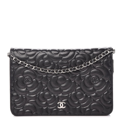Chanel Lambskin Camellia Embossed Wallet On Chain WOC Black 1 of 19