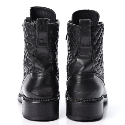 Chanel Calfskin Quilted Lace Up Combat Boots 38.5 Black 5 of 10