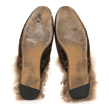 Gucci Velvet GG Monogram Fur Womens Princetown Slippers 40 Brown Black Natural 6 of 8