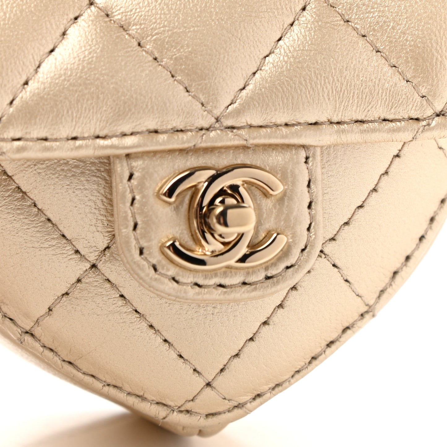 Metallic Lambskin Quilted CC In Love Heart Coin Purse With Chain Gold