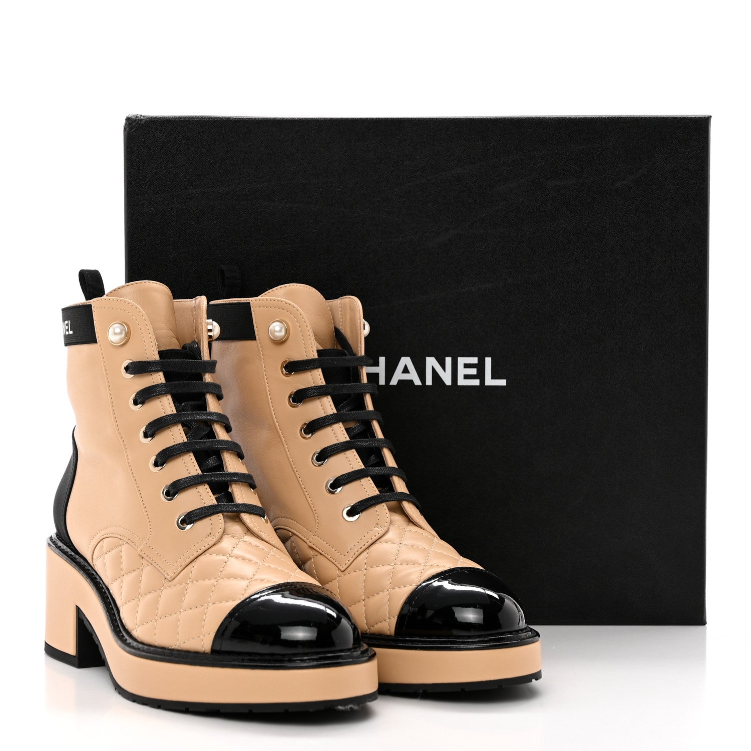 Chanel Calfskin Patent Calfskin Quilted Lace Up Boots 37 Beige Black 10 of 10