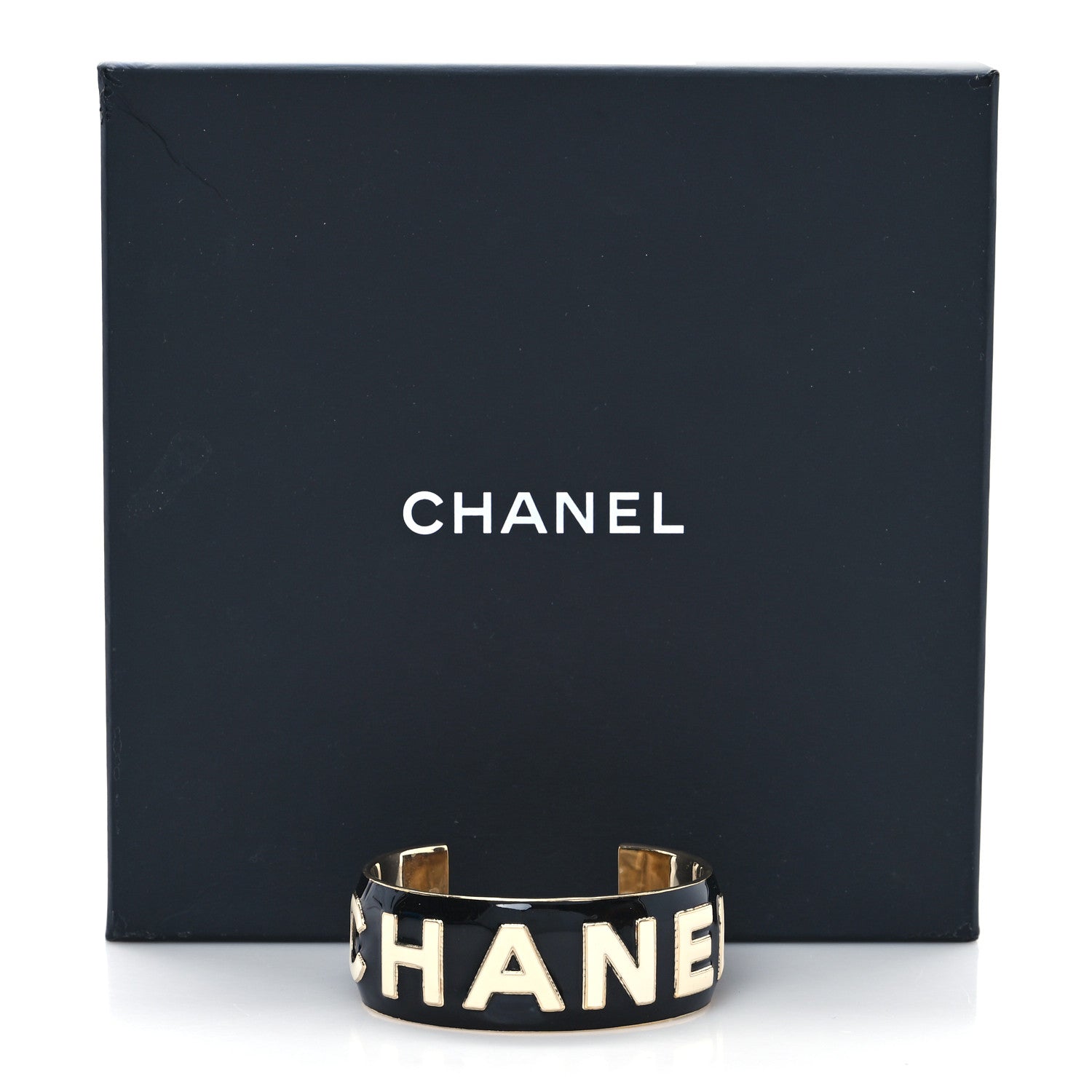 Chanel Metal Enamel Wide Chanel Logo Cuff Bracelet L Black White 6 of 6