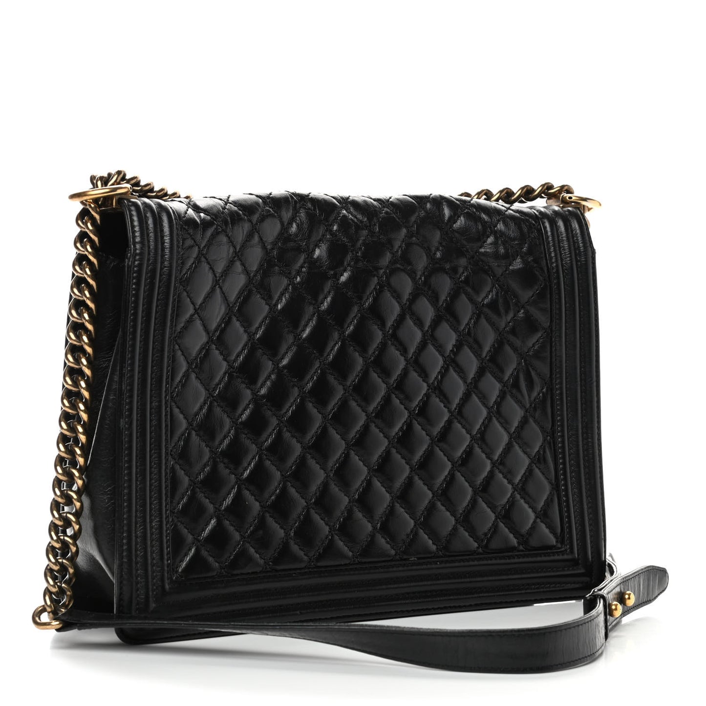Glazed Calfskin Quilted Large Boy Flap Black