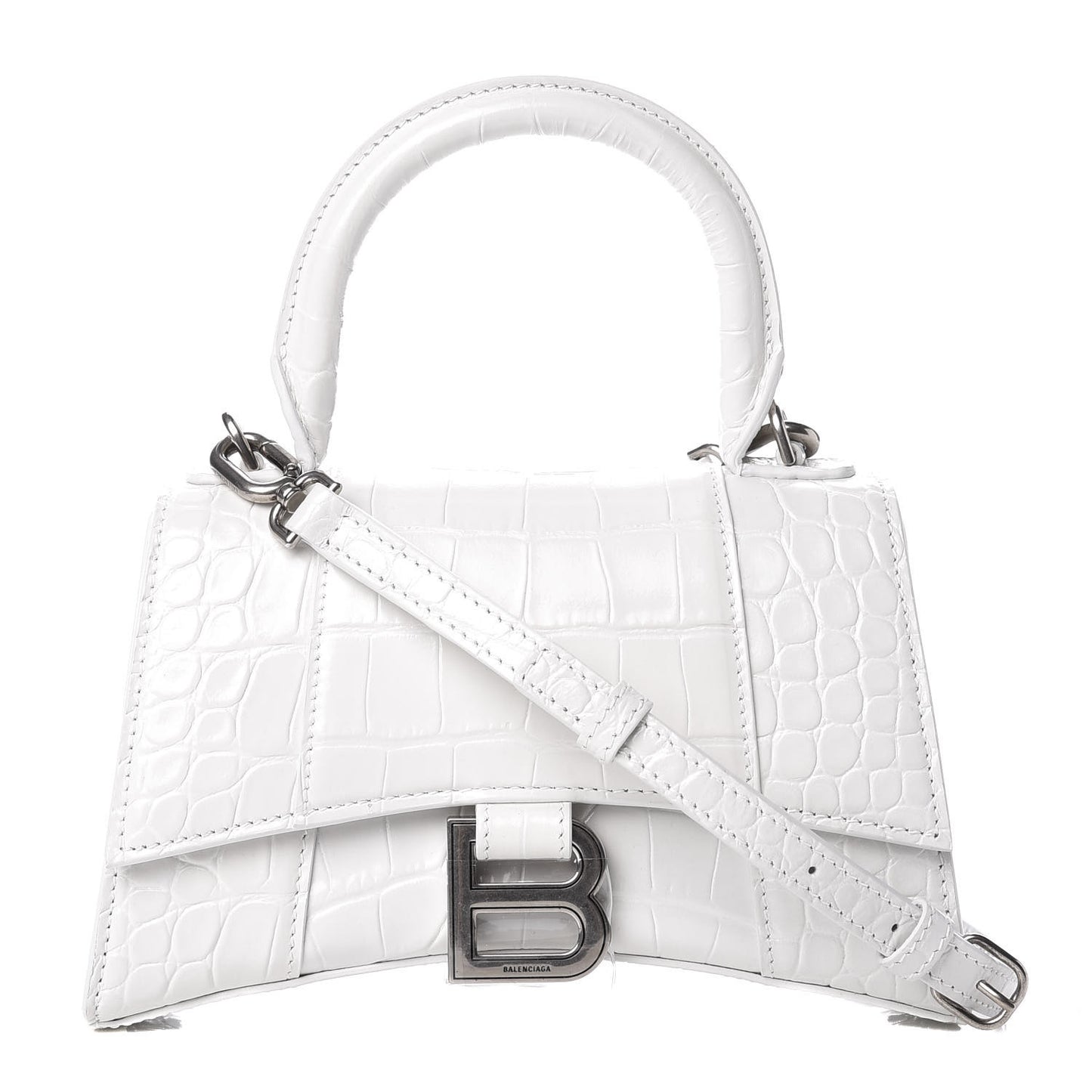Shiny Calfskin Crocodile Embossed Hourglass Top Handle Bag XS White