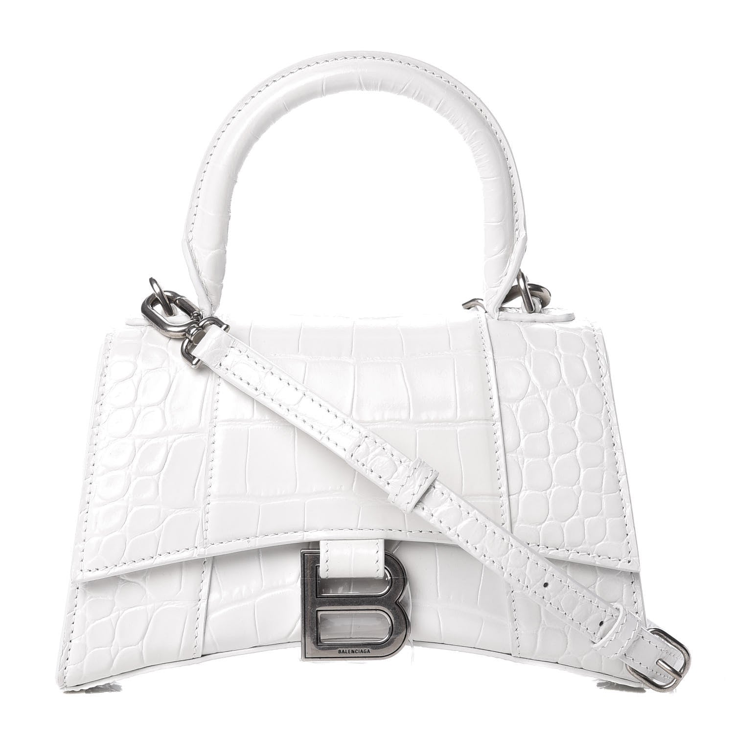 Balenciaga Shiny Calfskin Crocodile Embossed Hourglass Top Handle Bag XS White 1 of 8