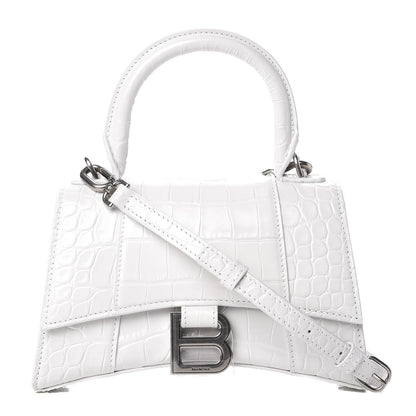 Balenciaga Shiny Calfskin Crocodile Embossed Hourglass Top Handle Bag XS White 1 of 8