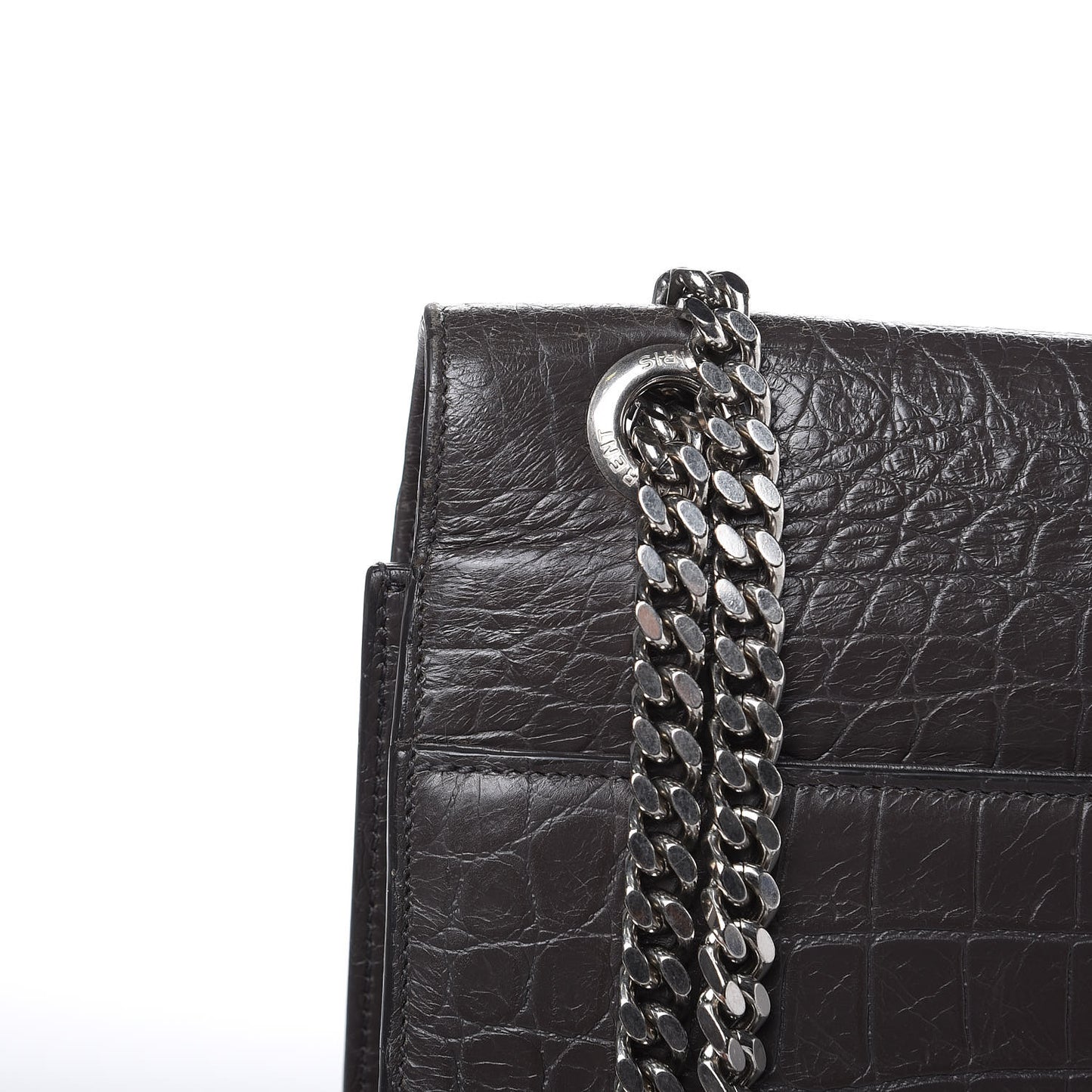 Calfskin Crocodile Embossed Large Monogram Satchel Fog