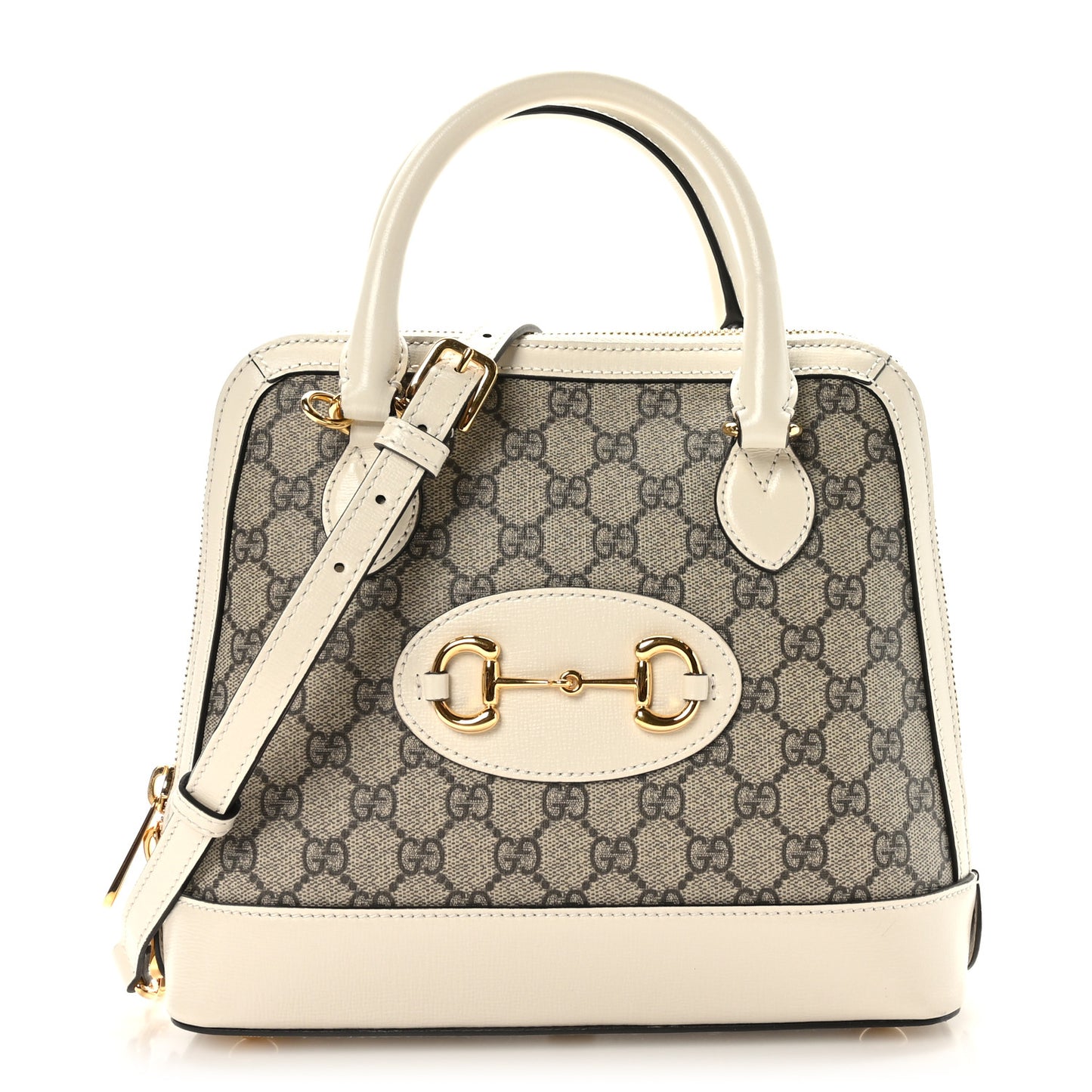 GG Supreme Monogram Azalea Calfskin Small Horsebit 1955 Top Handle Bag Beige Ebony Mystic White