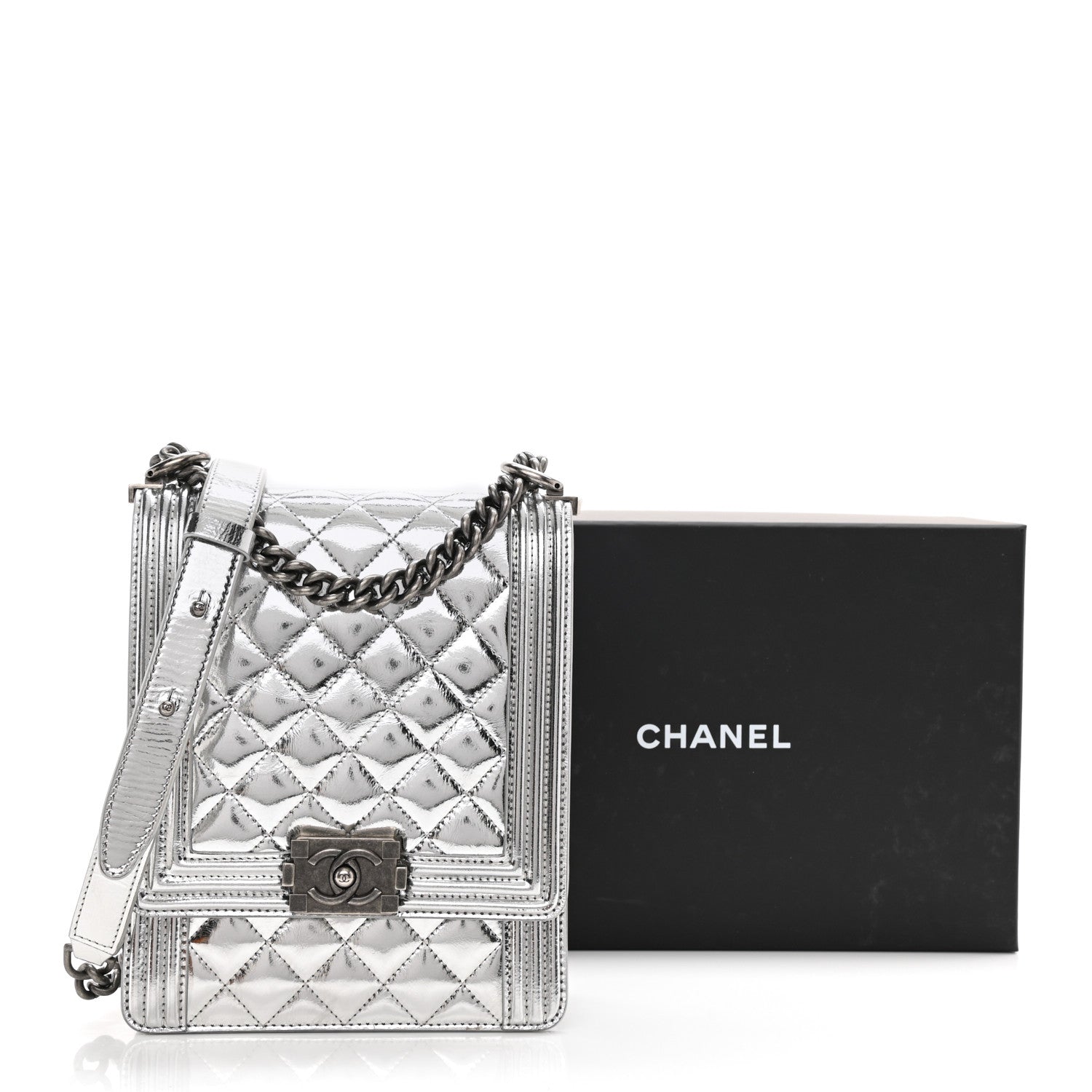 Chanel Metallic Goatskin Quilted North South Boy Flap Silver 16 of 17