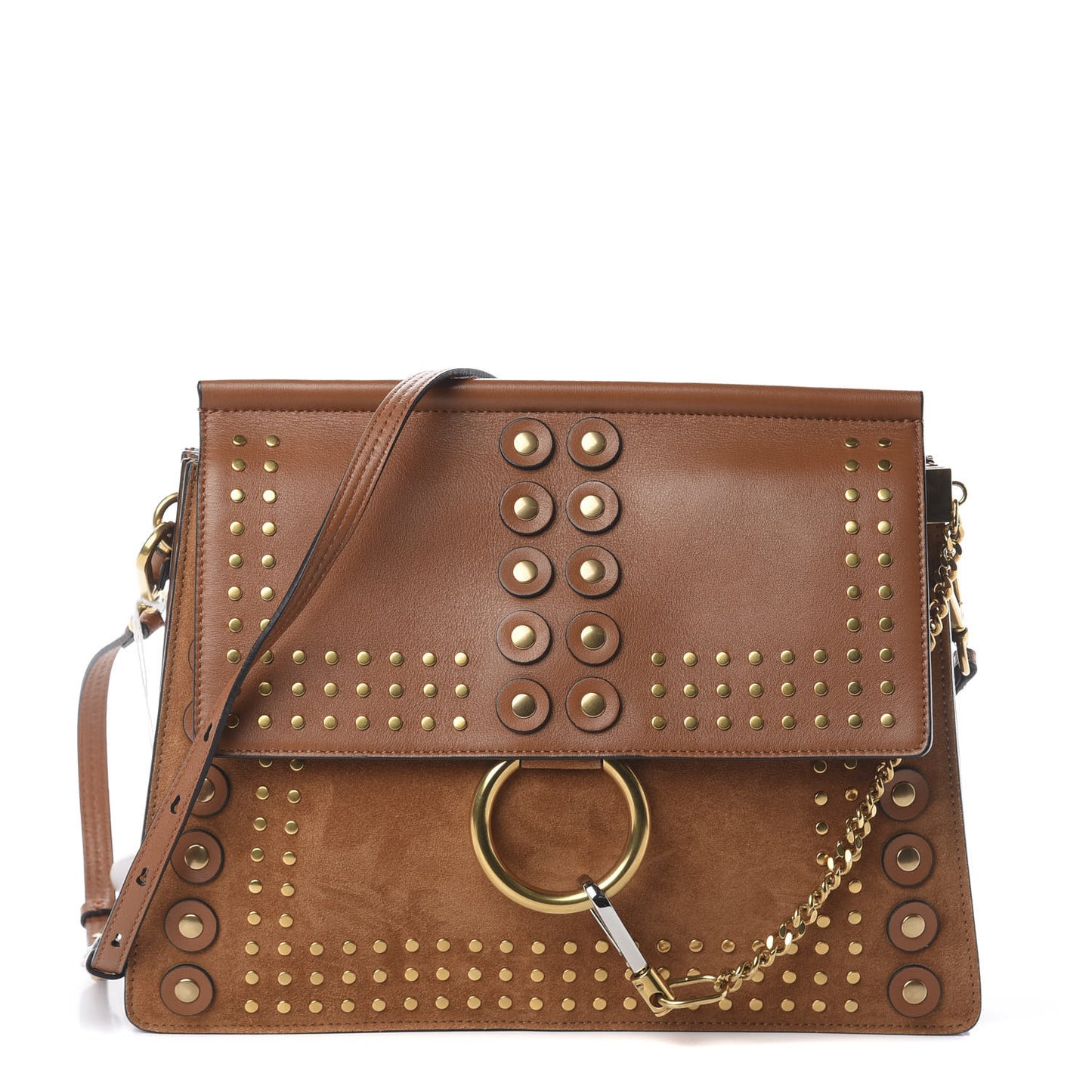 Calfskin Suede Studded Medium Faye Shoulder Bag Caramel