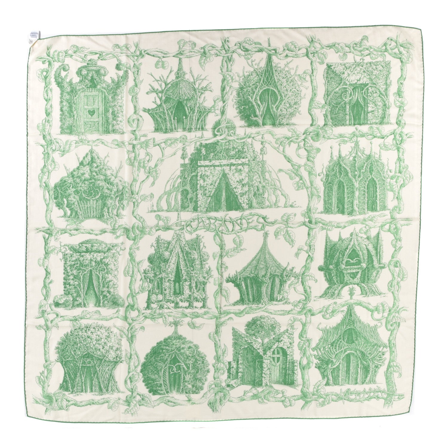 Hermes Cashmere Silk Les Cabanes Shawl 140 Blanc Vert Vif 1 of 4
