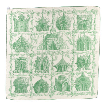 Hermes Cashmere Silk Les Cabanes Shawl 140 Blanc Vert Vif 1 of 4