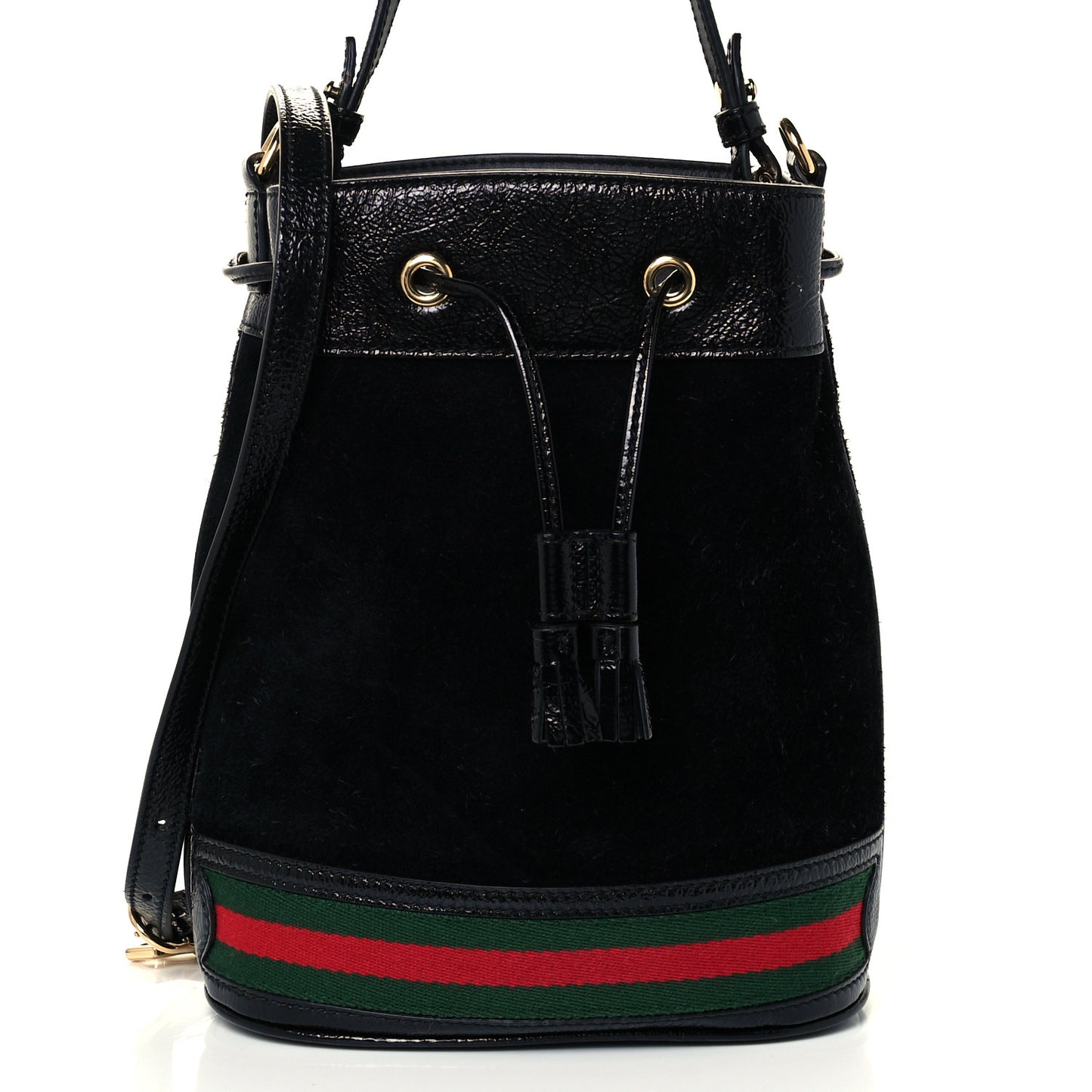 Suede Patent Web Small Ophidia Bucket Bag Black