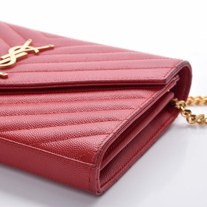 Saint Laurent Grain De Poudre Matelasse Chevron Monogram Chain Wallet New Red 9 of 12