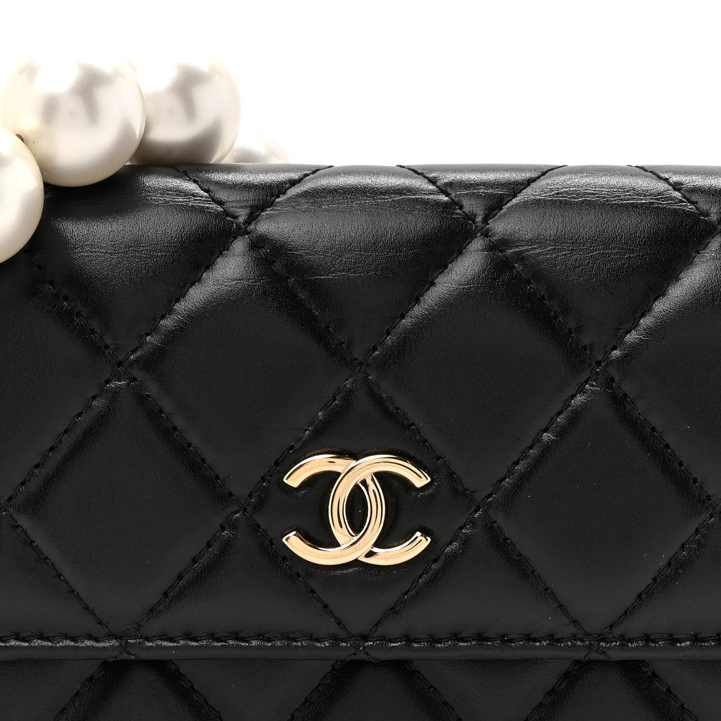 Calfskin Quilted Maxi Pearls Clutch With Chain Black