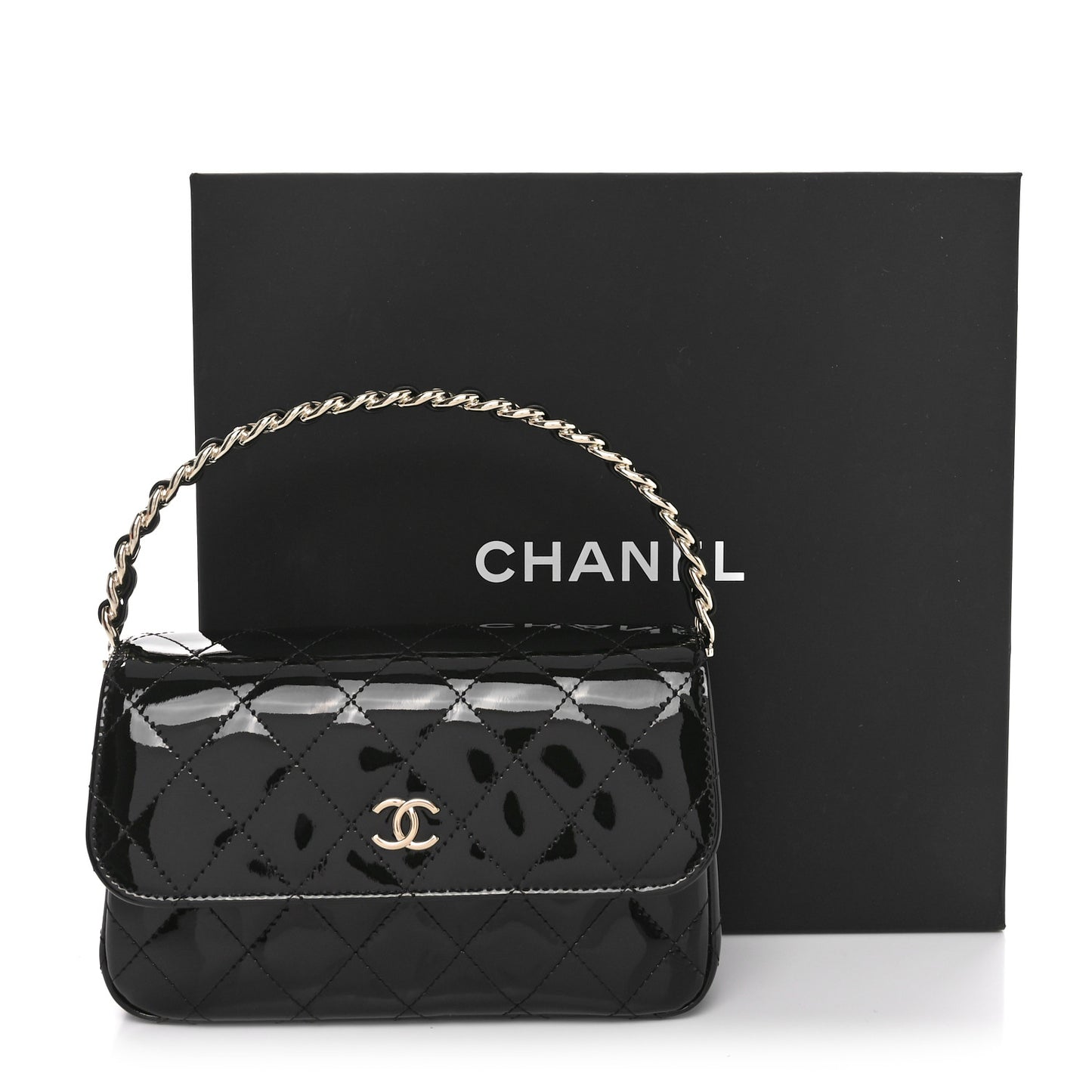 Patent Quilted Top Handle Clutch  Black