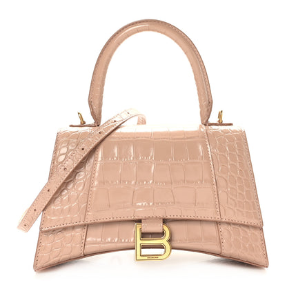 Balenciaga Shiny Calfskin Crocodile Embossed Small Hourglass Top Handle Bag Nude Beige 1 of 8