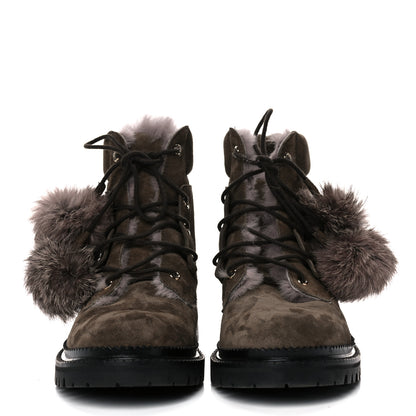 Jimmy Choo Suede Rabbit Fur Pom Pom Elba Flat Boots 37.5 Mink 2 of 10