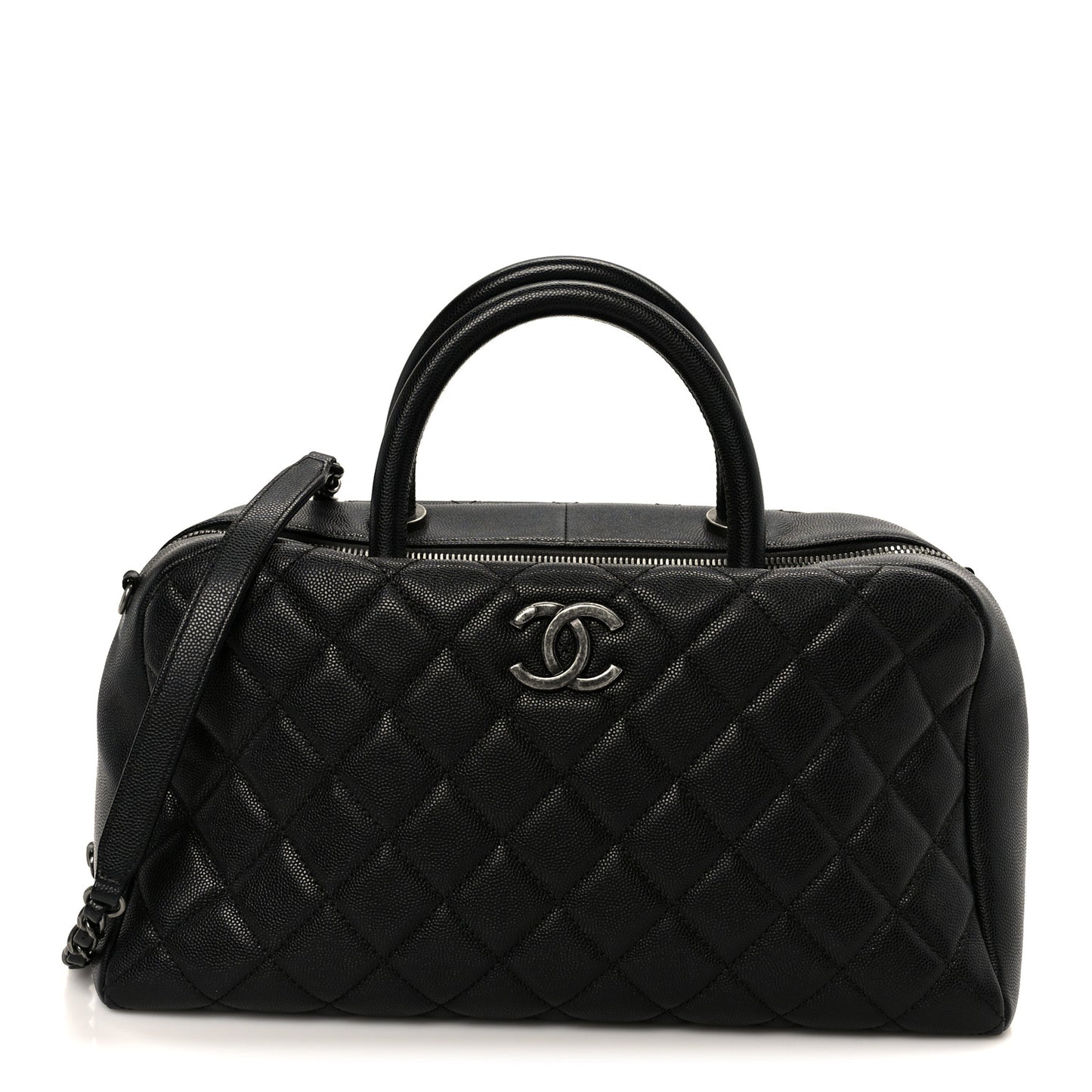 Caviar Quilted Large Coco Handle Bowling Bag Black