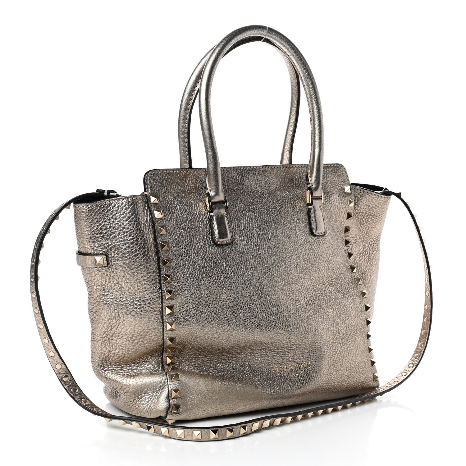 Valentino Garavani Metallic Grained Calfskin Rockstud Double Handle Tote Sasso 2 of 4