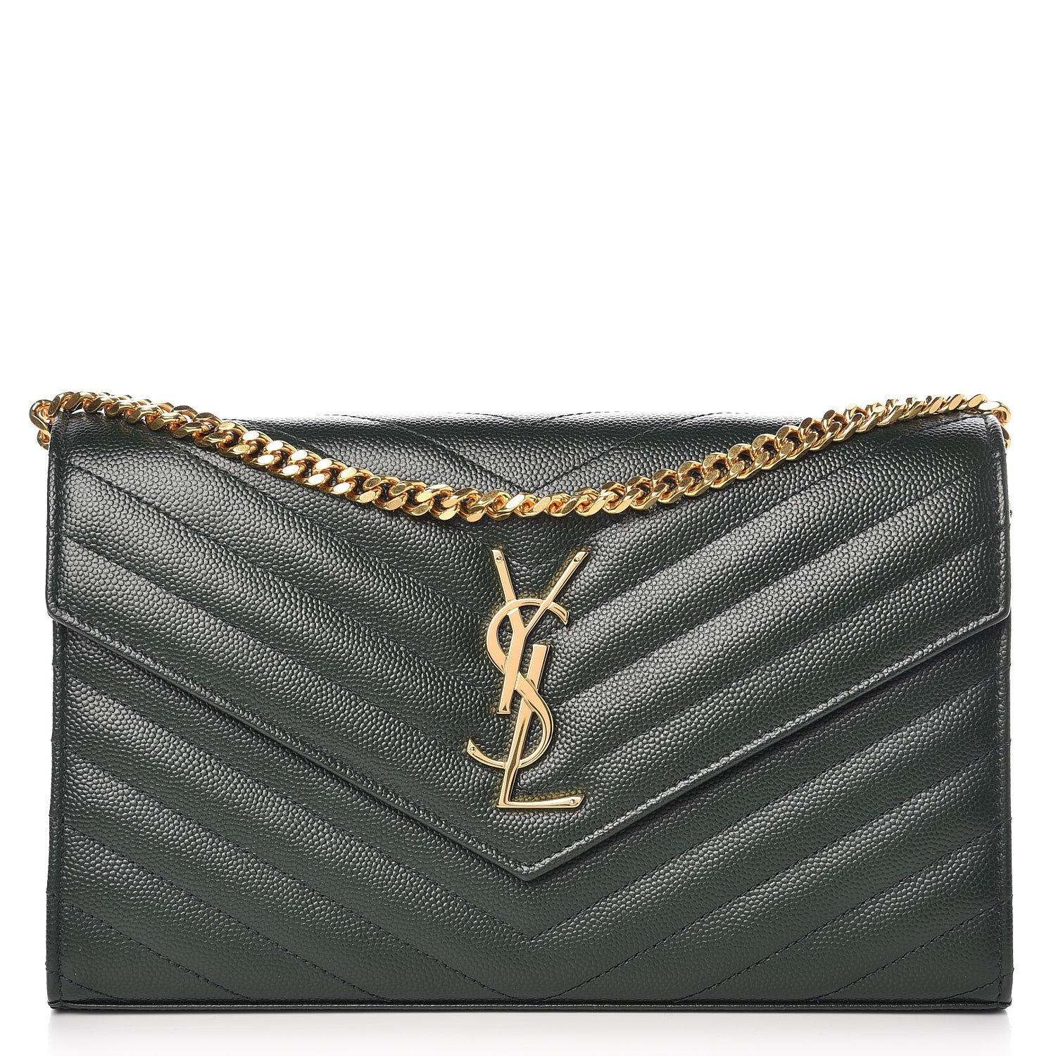 Saint Laurent Grain De Poudre Matelasse Chevron Monogram Chain Wallet Dark Green 1 of 7