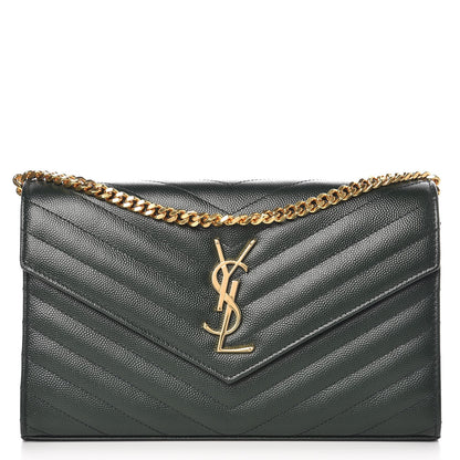Saint Laurent Grain De Poudre Matelasse Chevron Monogram Chain Wallet Dark Green 1 of 7