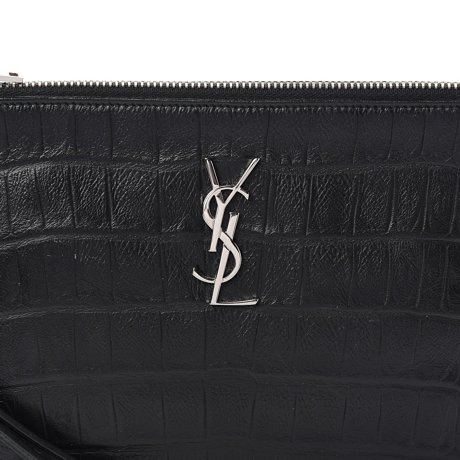 Saint Laurent Calfskin Crocodile Embossed Monogram Zip Pouch Black 7 of 8