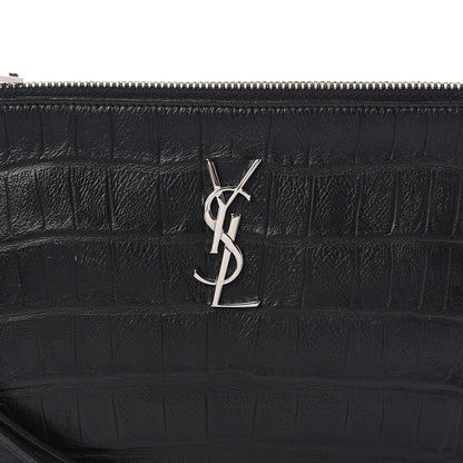Saint Laurent Calfskin Crocodile Embossed Monogram Zip Pouch Black 7 of 8