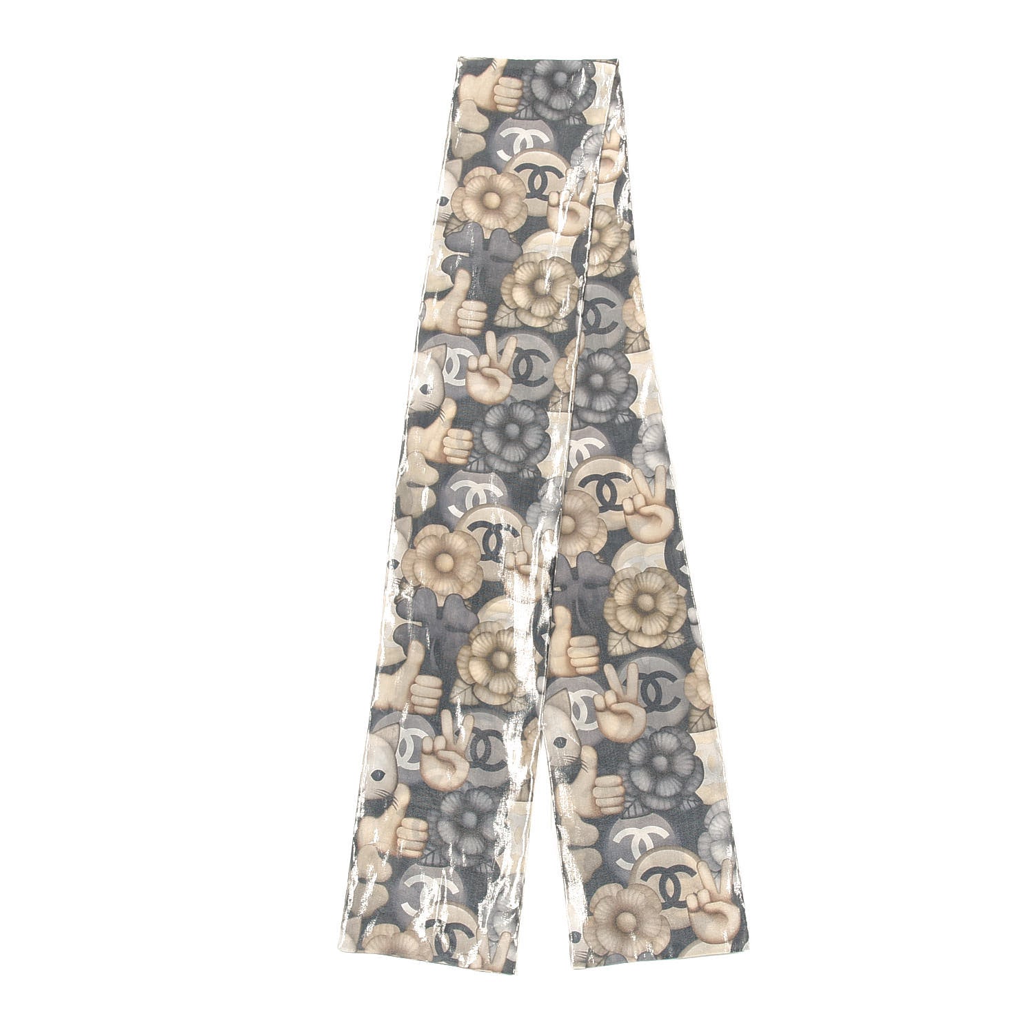 Chanel Silk Cat Emoticon Slim Bandeau Scarf Beige 2 of 4