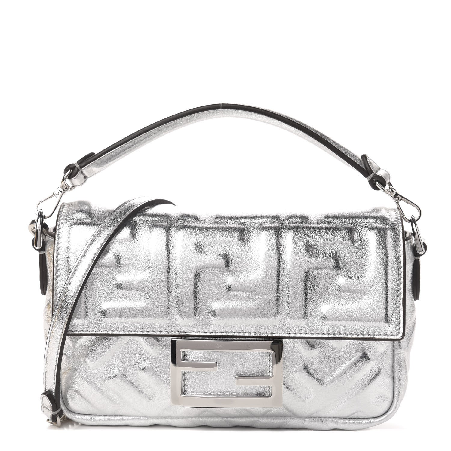Fendi Vitello Catalan Mirror FF 1974 Embossed Mini Baguette Argento 1 of 13
