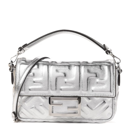 Fendi Vitello Catalan Mirror FF 1974 Embossed Mini Baguette Argento 1 of 13