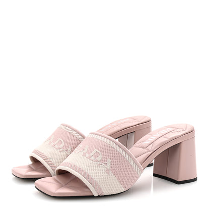 Prada Fabric Logo Embroidered 65mm Block Heel Slide Sandals 38 Alabastro Talco 4 of 9