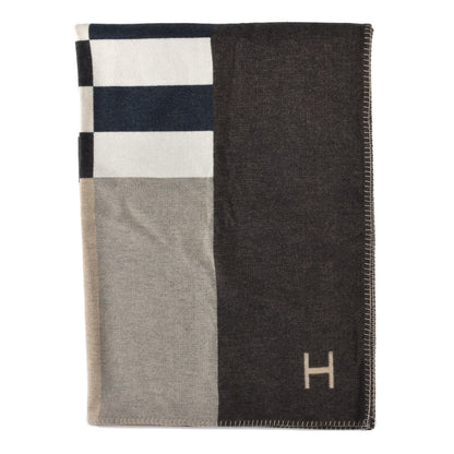 Hermes Wool Cashmere H Casaque Blanket Ecru Carbone 1 of 3