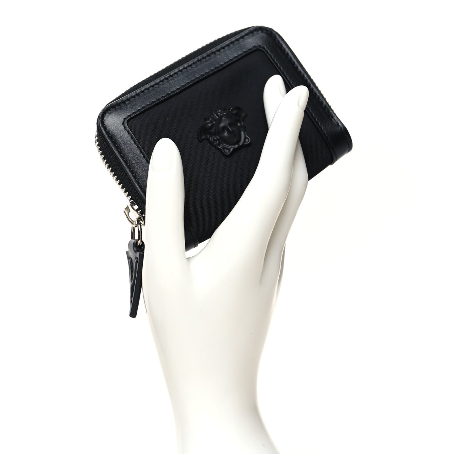 Calfskin Nylon La Medusa Zip Around Lanyard Wallet Black