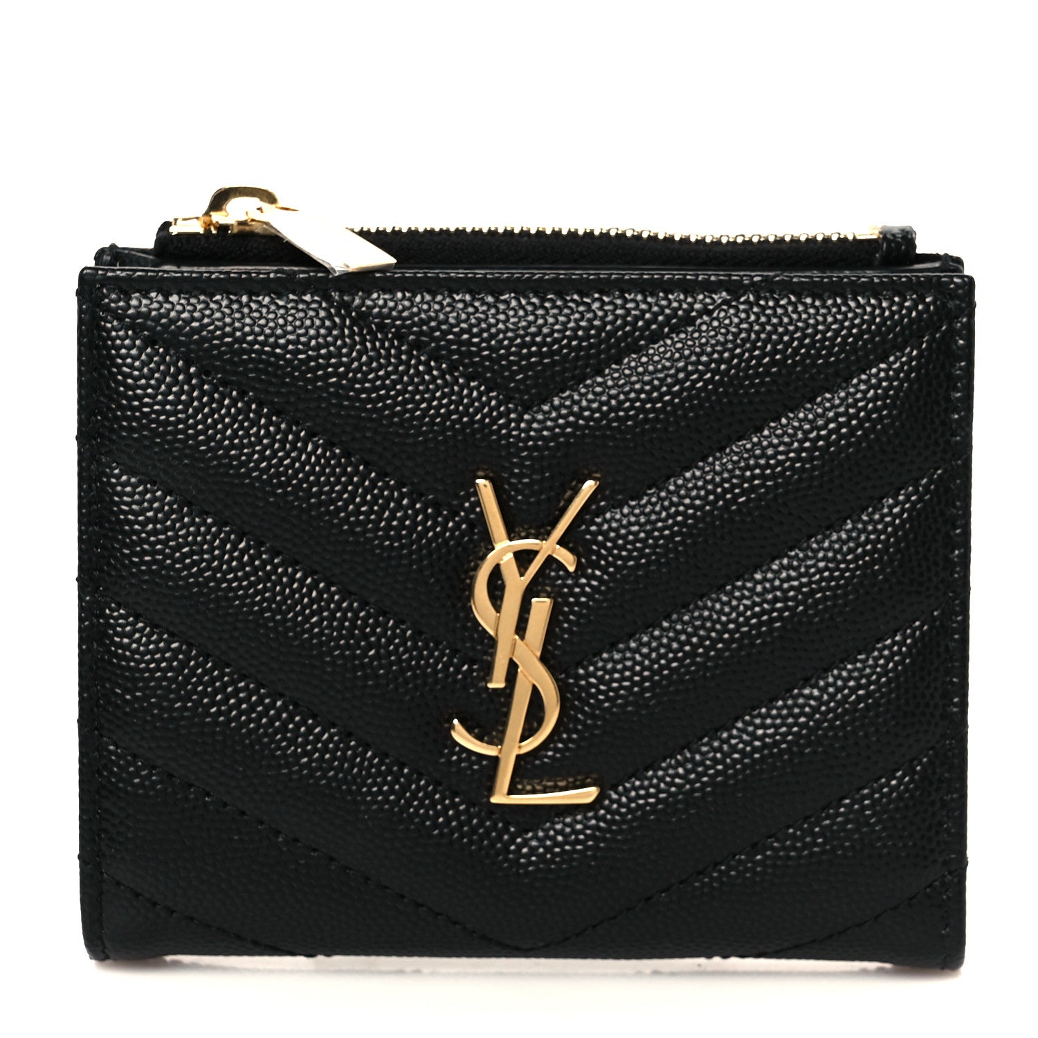 Saint Laurent Grain De Poudre Matelasse Chevron Monogram Zipped Card Case Black 1 of 10