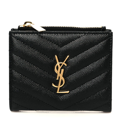 Saint Laurent Grain De Poudre Matelasse Chevron Monogram Zipped Card Case Black 1 of 10