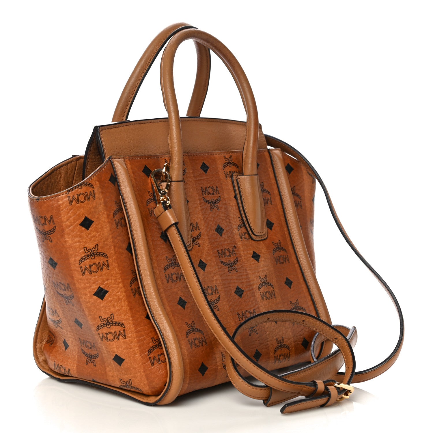 MCM Striped Visetos Small Kathy Double Zip Tote Cognac 979695