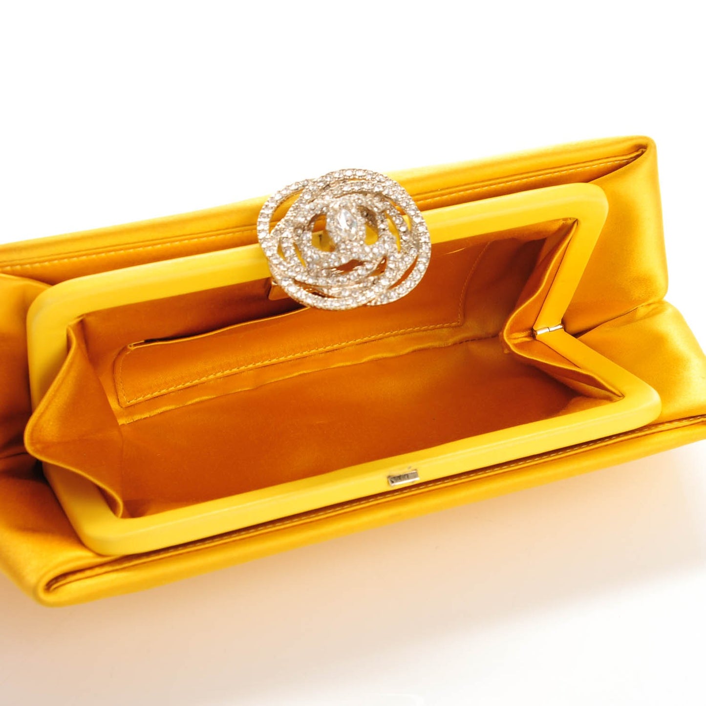 Satin Crystal Camellia Evening Frame Clutch Yellow