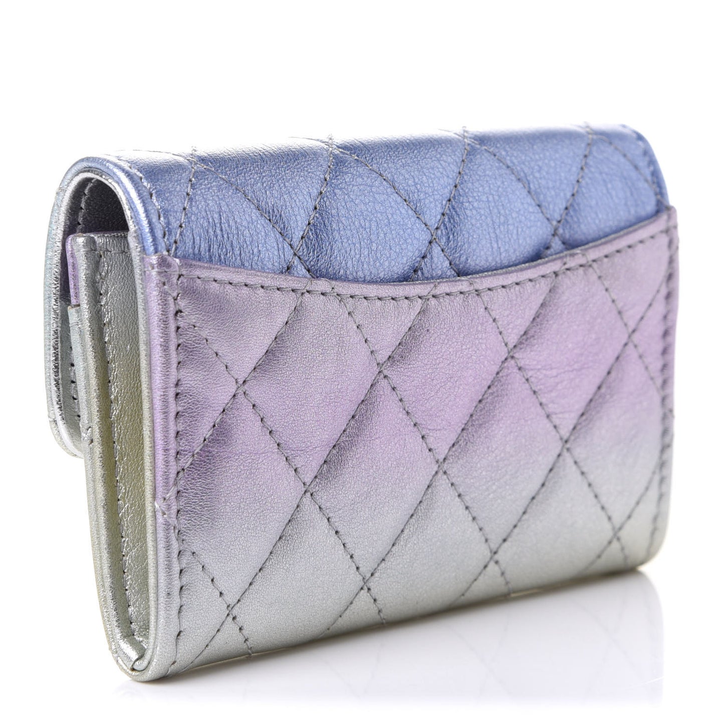 Gradient Metallic Calfskin Quilted Flap Card Holder Wallet Silver Blue Yellow Purple