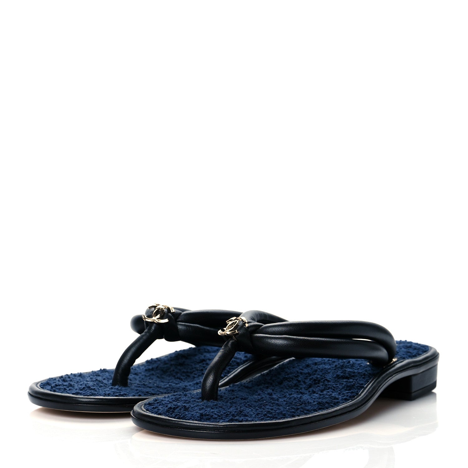Chanel Lambskin Fabric CC Thong Sandals 38 Black Dark Navy 3 of 8